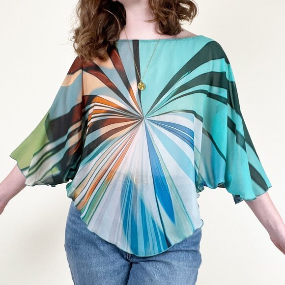 Vintage Silk Rainbow Blouse Sheer Boho Hippie Disco Print Coastal Festival Top - Picture 2 of 6